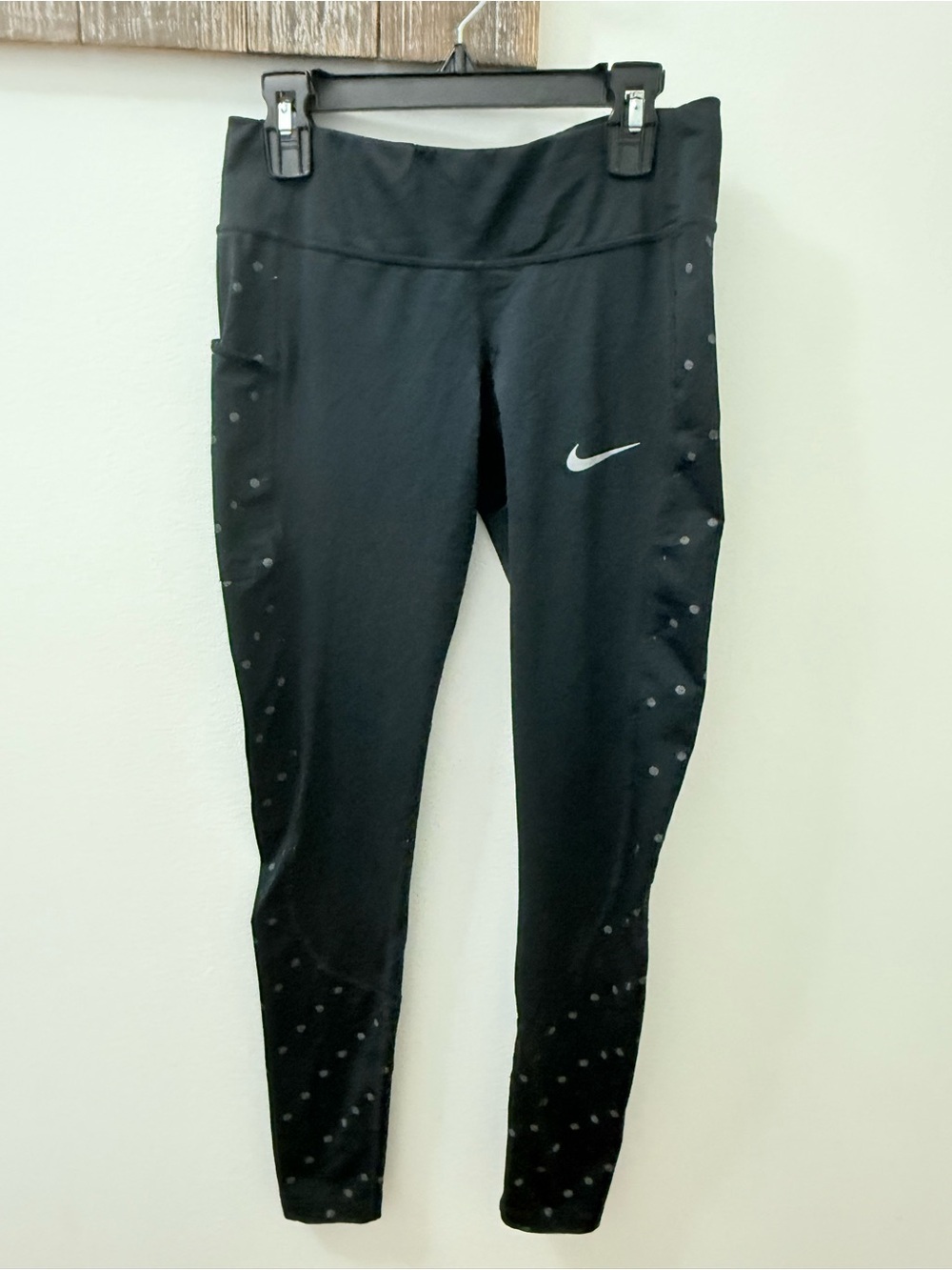 Nike Black Leggings with White Swoosh and Reflective Dot Accents
